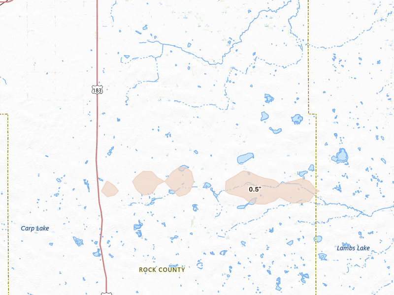 Radar-estimated hail-size map of the storm over Bassett, NE on Aug 3, 2026