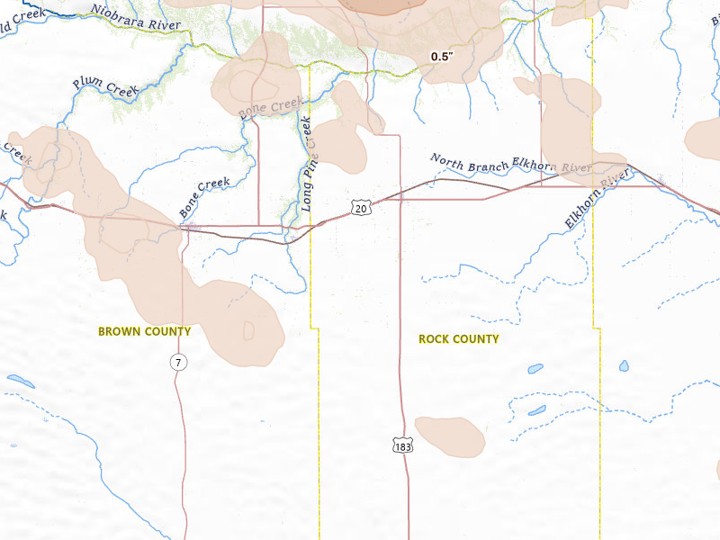 Radar-estimated hail-size map of the storm over Bassett, NE on Aug 11, 2026