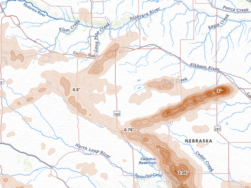 Radar-estimated hail-size map of the storm over Bassett, NE on Aug 17, 2026