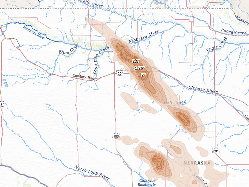 Radar-estimated hail-size map of the storm over Bassett, NE on Aug 19, 2026