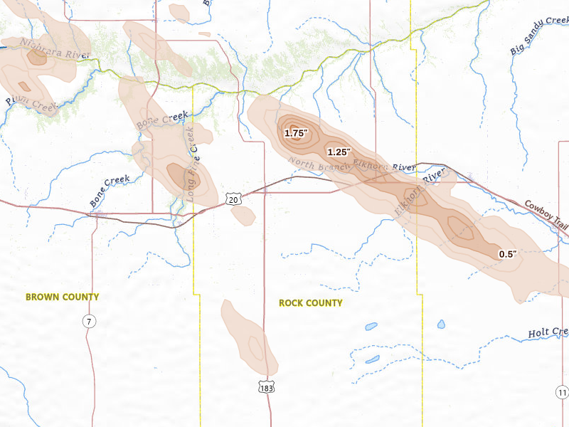 Radar-estimated hail-size map of the storm over Bassett, NE on Aug 21, 2026
