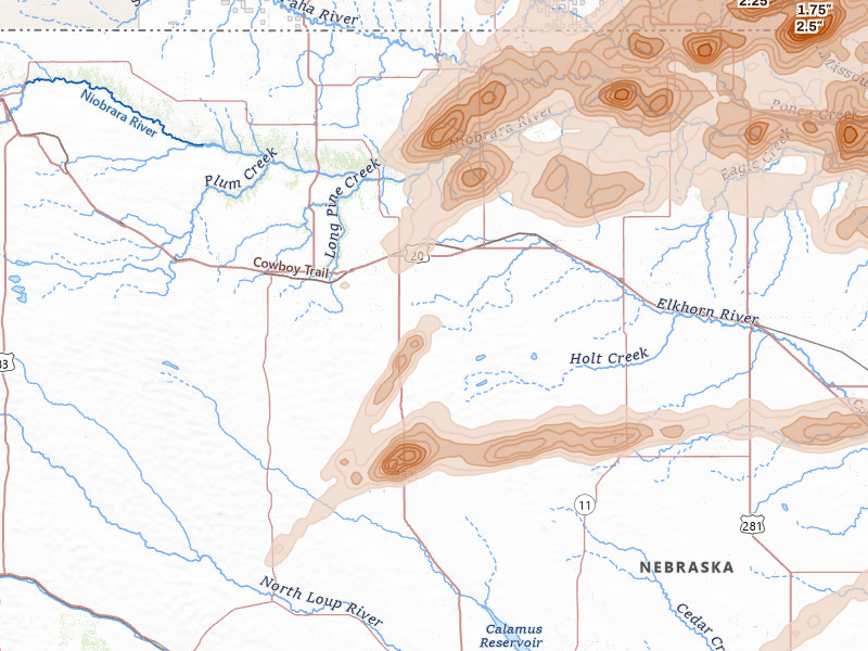 Radar-estimated hail-size map of the storm over Bassett, NE on Sep 1, 2026