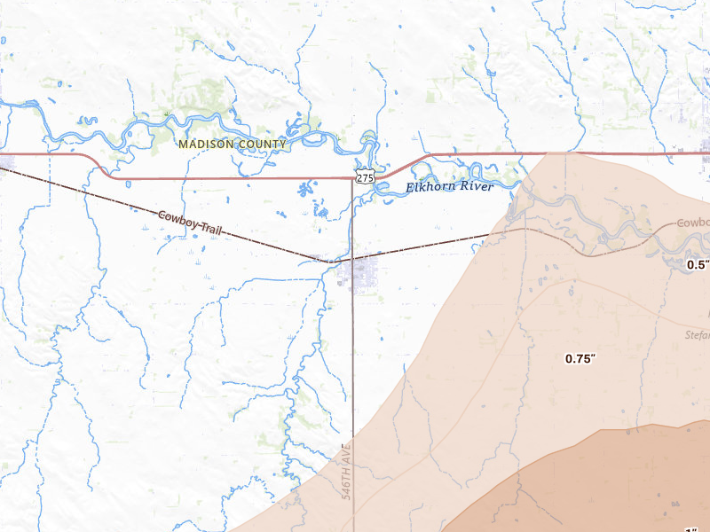 Radar-estimated hail-size map of the storm over Battle Creek, NE on May 17, 2026