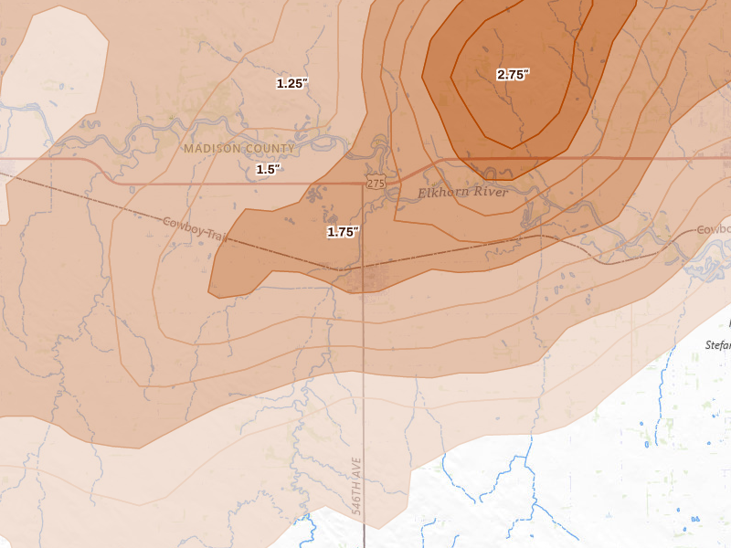 Radar-estimated hail-size map of the storm over Battle Creek, NE on Jun 29, 2026