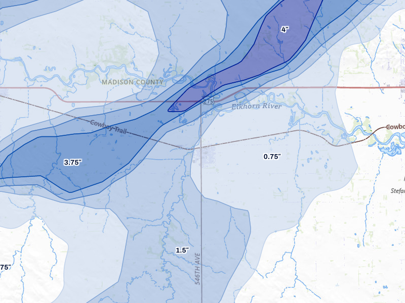 NEXRAD radar-signature map of the hail storm over Battle Creek, NE on Jun 29, 2026
