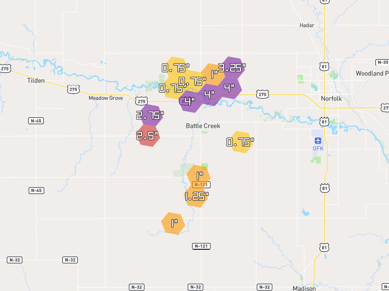 Hail map of Battle Creek, NE on Jun 30, 2026, hail up to 4"