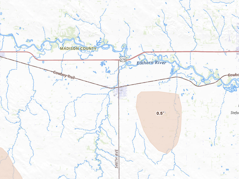 Radar-estimated hail-size map of the storm over Battle Creek, NE on Jul 30, 2026