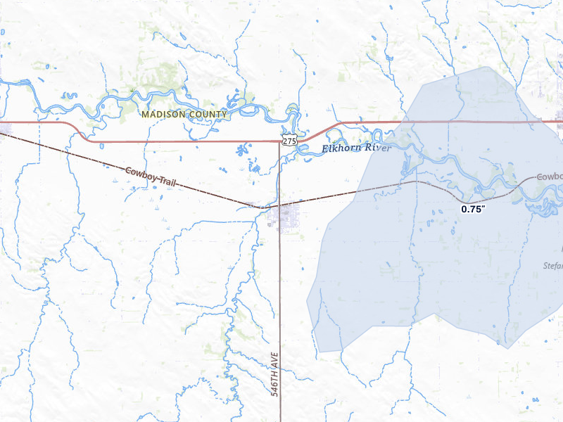 NEXRAD radar-signature map of the hail storm over Battle Creek, NE on Jul 30, 2026