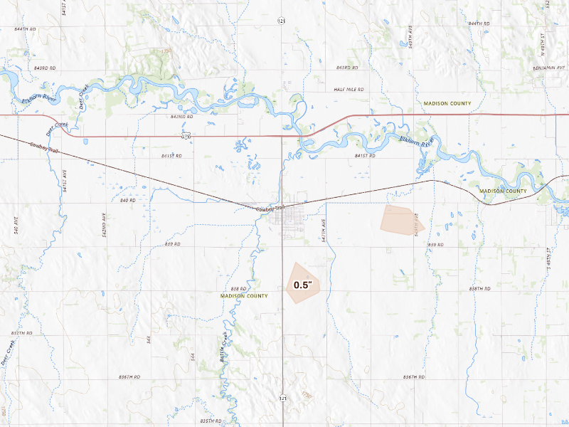 Radar-estimated hail-size map of the storm over Battle Creek, NE