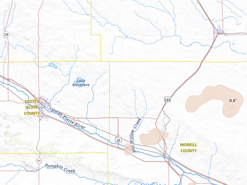 Radar-estimated hail-size map of the storm over Bayard, NE on Jun 7, 2026