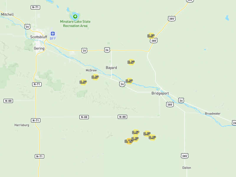 Hail map of Bayard, NE on Jun 7, 2026, hail up to 0.75"