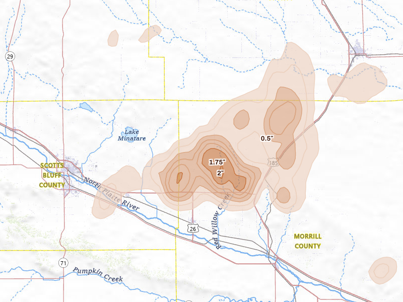 Radar-estimated hail-size map of the storm over Bayard, NE on Jun 8, 2026