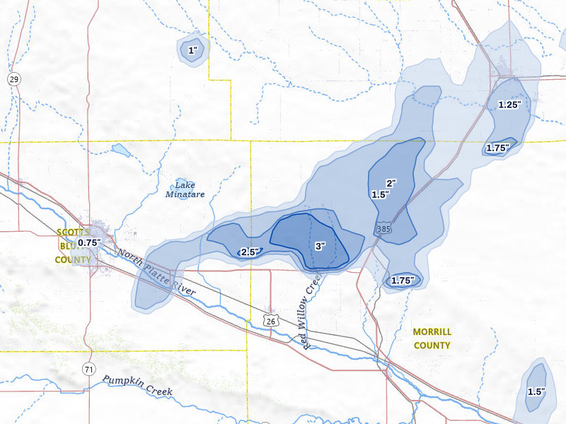 NEXRAD radar-signature map of the hail storm over Bayard, NE on Jun 8, 2026