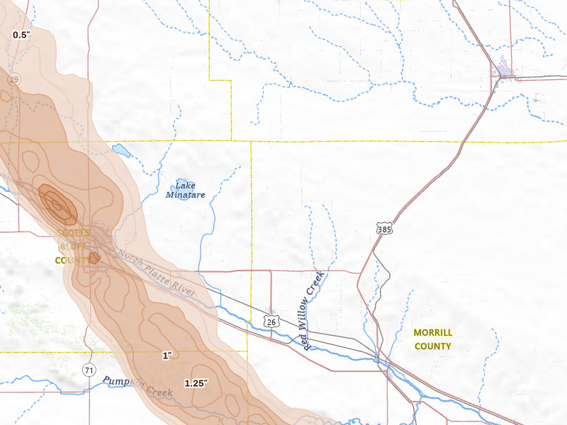 Radar-estimated hail-size map of the storm over Bayard, NE on Jun 22, 2026