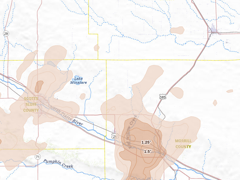Radar-estimated hail-size map of the storm over Bayard, NE on Jun 26, 2026