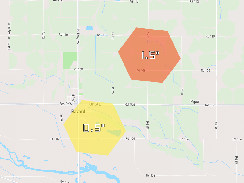 Hail map of Bayard, NE on Jun 26, 2026, hail up to 1.5"