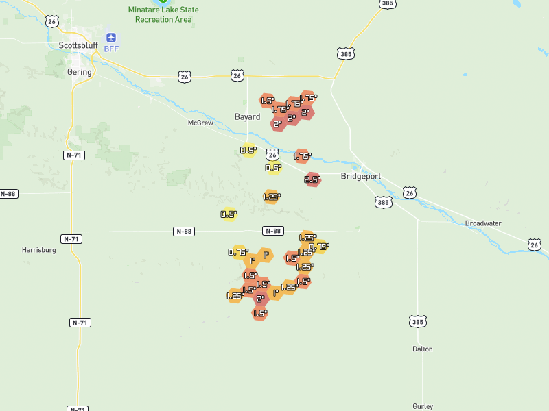 Hail map of Bayard, NE on Jun 27, 2026, hail up to 2.5"