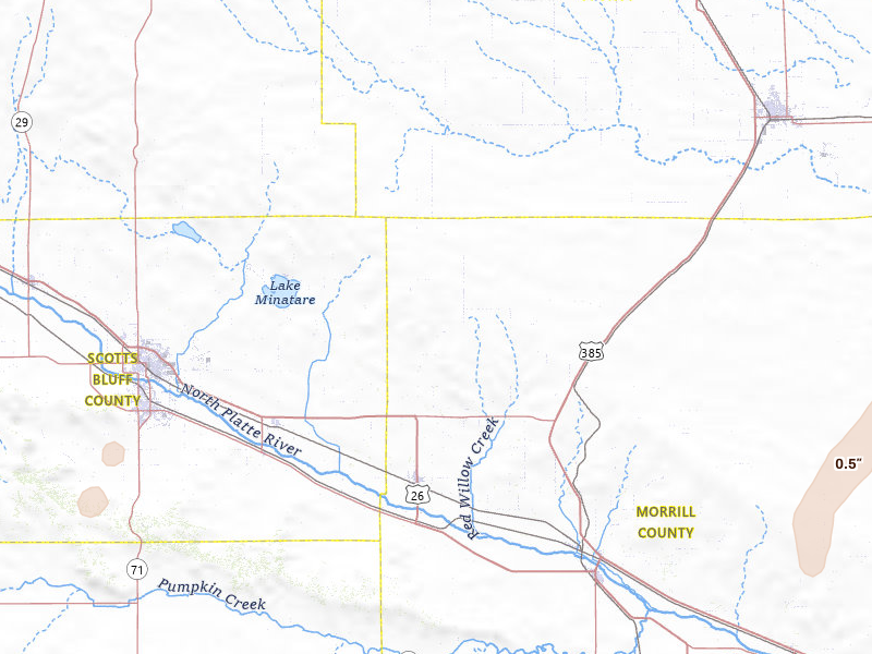 Radar-estimated hail-size map of the storm over Bayard, NE on Jul 7, 2026