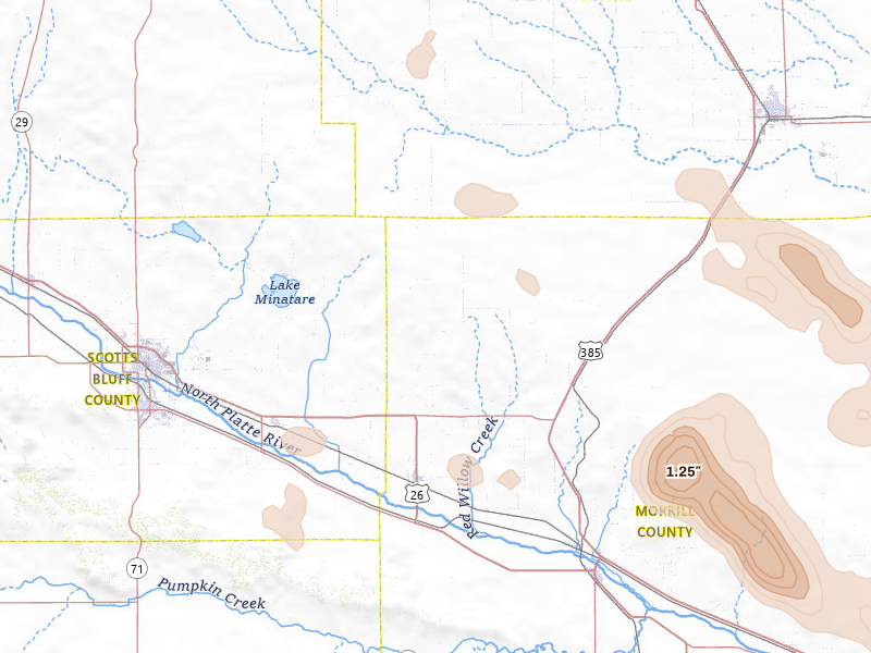 Radar-estimated hail-size map of the storm over Bayard, NE on Jul 28, 2026