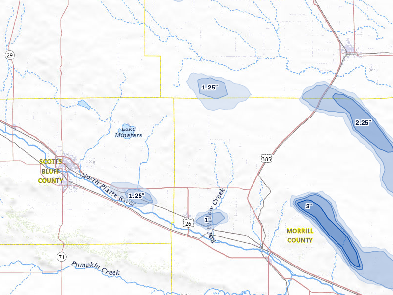 NEXRAD radar-signature map of the hail storm over Bayard, NE on Jul 28, 2026