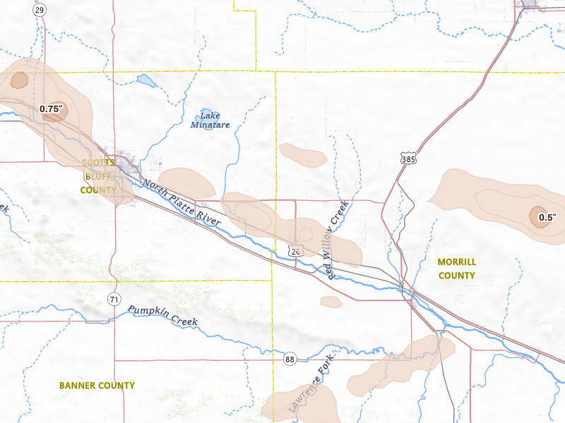 Radar-estimated hail-size map of the storm over Bayard, NE on Aug 9, 2026