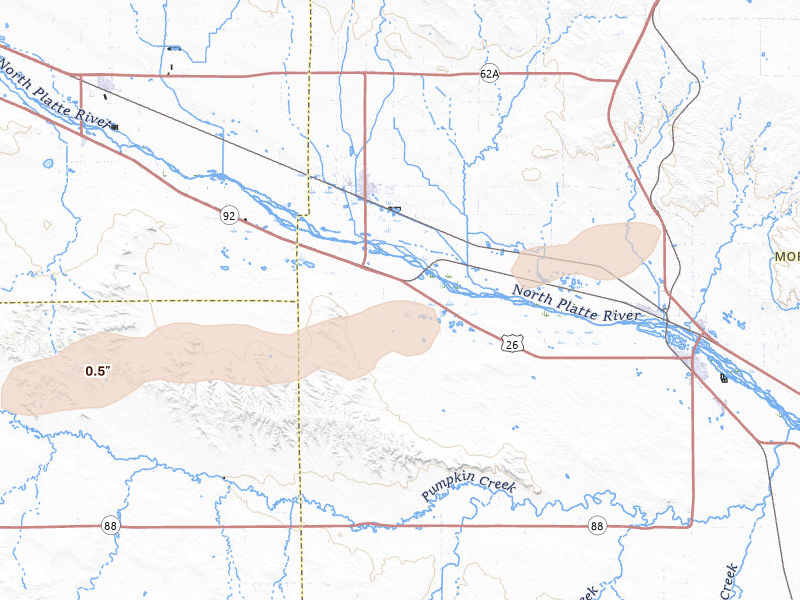 Radar-estimated hail-size map of the storm over Bayard, NE on Aug 16, 2026