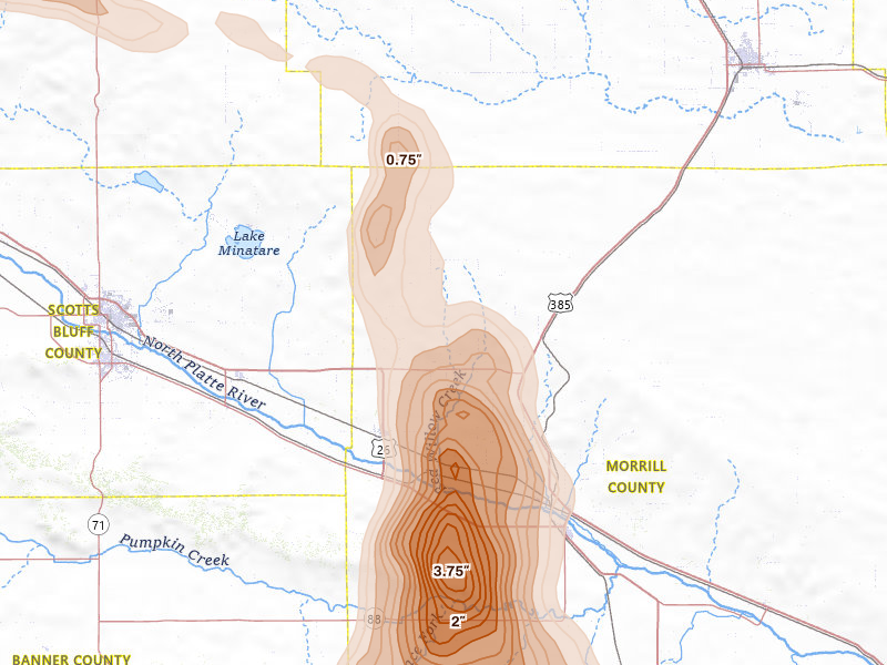 Radar-estimated hail-size map of the storm over Bayard, NE on Aug 21, 2026