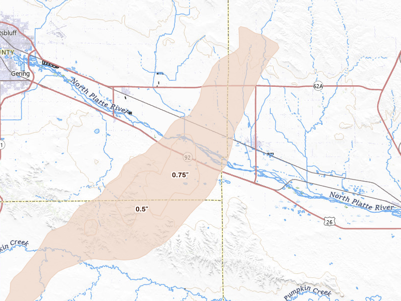 Radar-estimated hail-size map of the storm over Bayard, NE on Sep 2, 2026