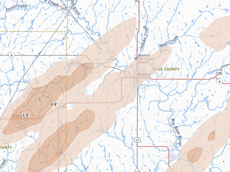 Radar-estimated hail-size map of the storm over Beatrice, NE on Apr 23, 2026