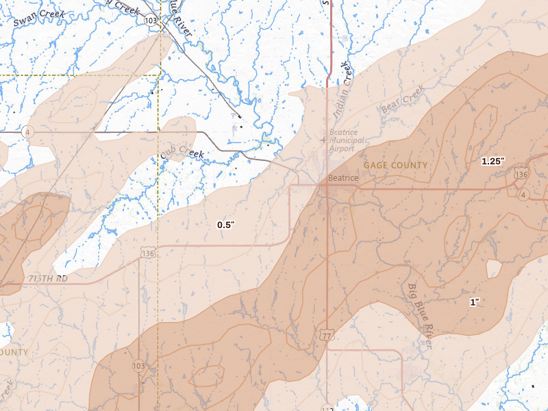 Radar-estimated hail-size map of the storm over Beatrice, NE on May 18, 2026