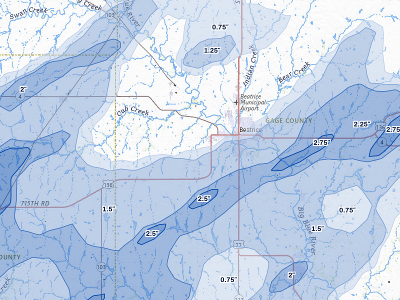 NEXRAD radar-signature map of the hail storm over Beatrice, NE on May 18, 2026