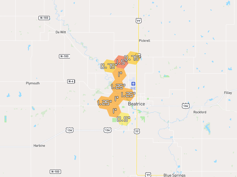 Hail map of Beatrice, NE on Jun 6, 2026, hail up to 1.5"