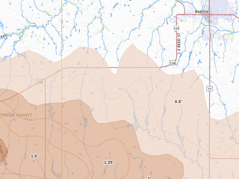 Radar-estimated hail-size map of the storm over Beatrice, NE on Jun 20, 2026