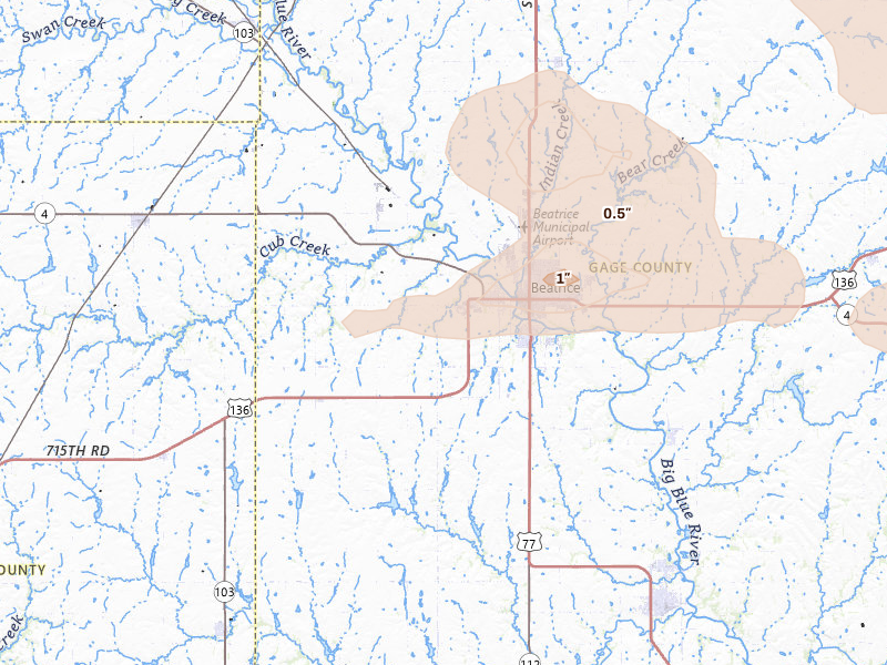 Radar-estimated hail-size map of the storm over Beatrice, NE on Jul 3, 2026