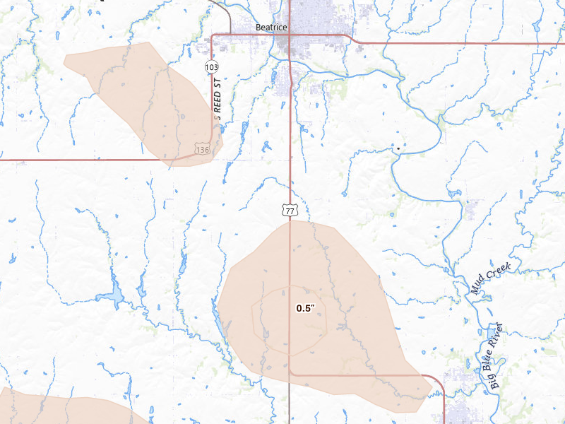 Radar-estimated hail-size map of the storm over Beatrice, NE on Aug 6, 2026
