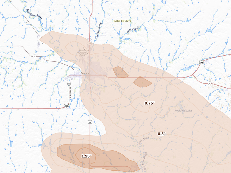 Radar-estimated hail-size map of the storm over Beatrice, NE