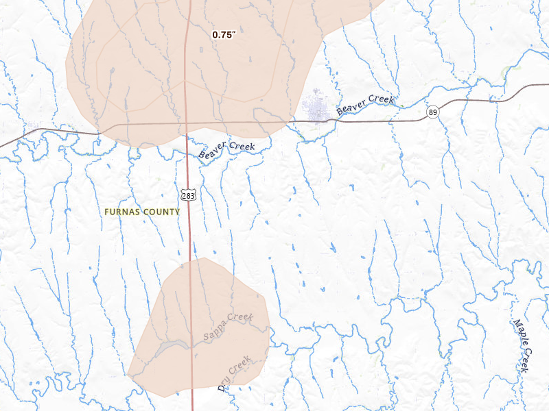 Radar-estimated hail-size map of the storm over Beaver City, NE on May 29, 2026