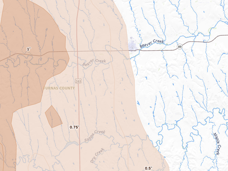 Radar-estimated hail-size map of the storm over Beaver City, NE on May 30, 2026