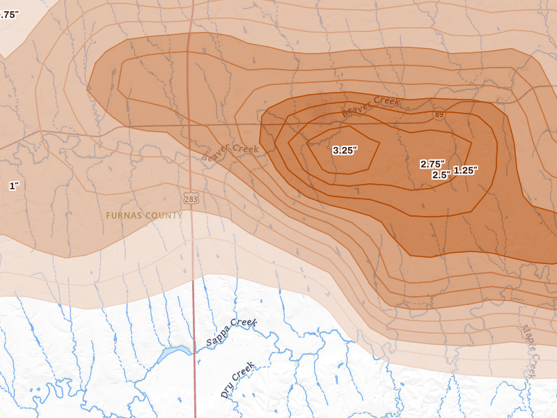 Radar-estimated hail-size map of the storm over Beaver City, NE on Jun 8, 2026
