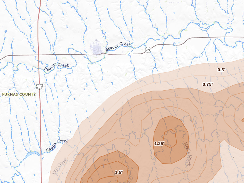 Radar-estimated hail-size map of the storm over Beaver City, NE