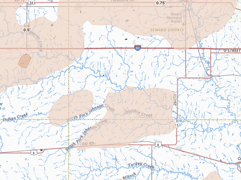 Radar-estimated hail-size map of the storm over Beaver Crossing, NE on Apr 25, 2026