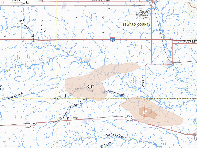 Radar-estimated hail-size map of the storm over Beaver Crossing, NE on May 15, 2026