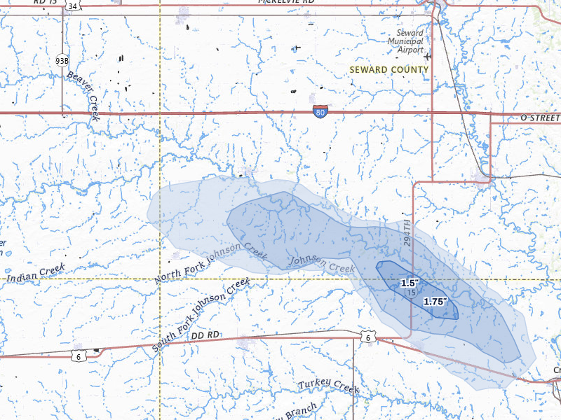 NEXRAD radar-signature map of the hail storm over Beaver Crossing, NE on May 15, 2026