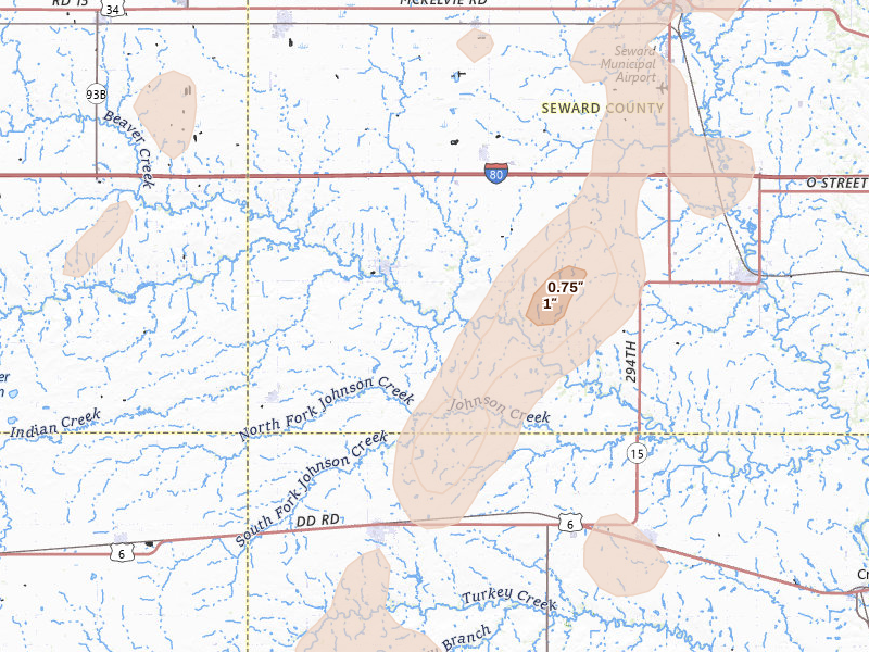 Radar-estimated hail-size map of the storm over Beaver Crossing, NE on May 18, 2026