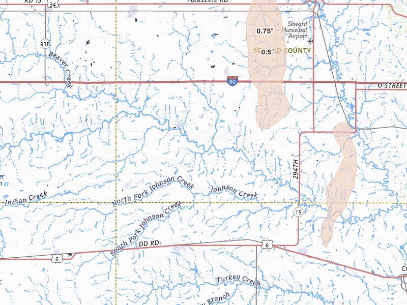 Radar-estimated hail-size map of the storm over Beaver Crossing, NE on May 30, 2026