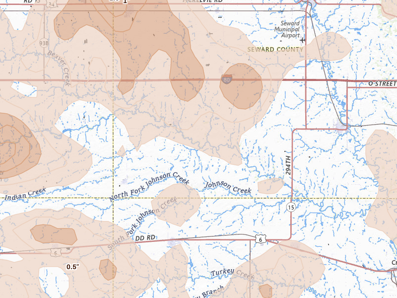 Radar-estimated hail-size map of the storm over Beaver Crossing, NE on Jun 5, 2026