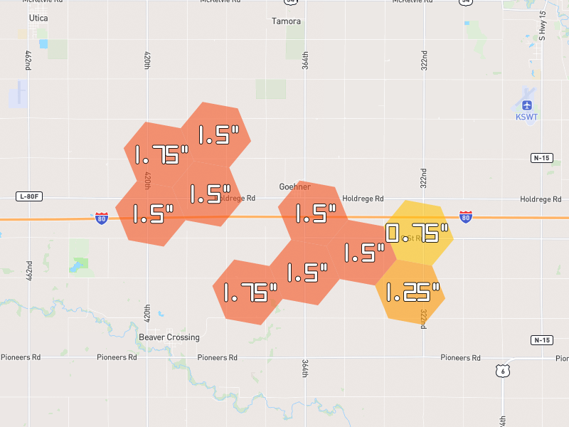 Hail map of Beaver Crossing, NE on Jun 6, 2026, hail up to 1.75"