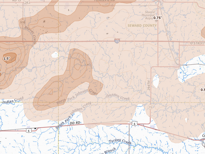 Radar-estimated hail-size map of the storm over Beaver Crossing, NE on Jun 10, 2026
