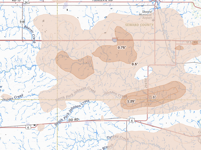 Radar-estimated hail-size map of the storm over Beaver Crossing, NE on Jul 3, 2026