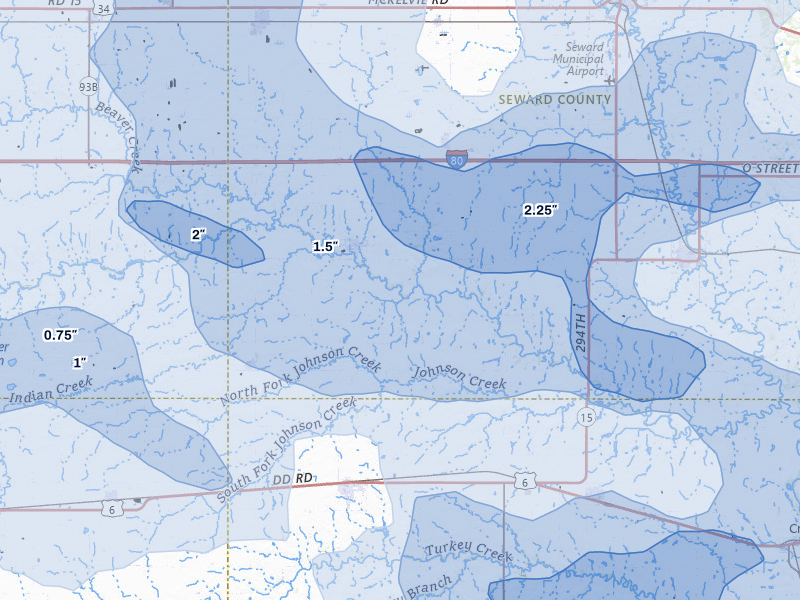 NEXRAD radar-signature map of the hail storm over Beaver Crossing, NE on Jul 3, 2026